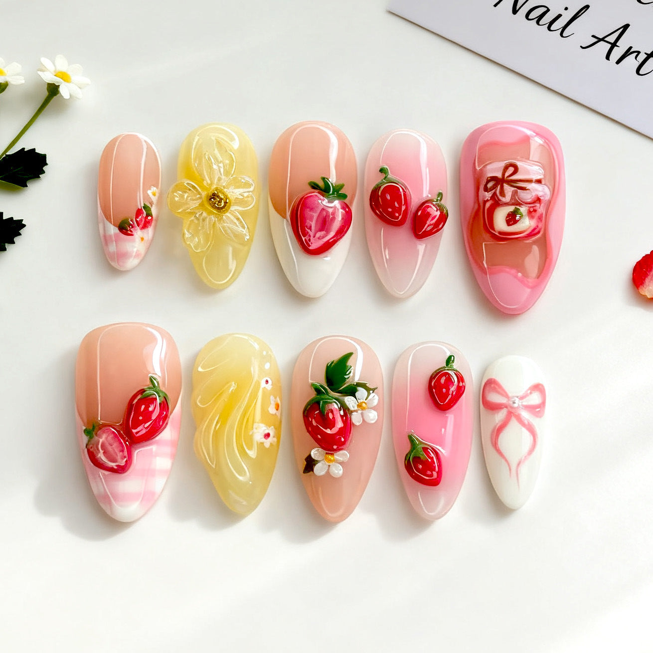 Refreshing Strawberry Delight Short Almond Pink Floral Designs Press On Nail Set