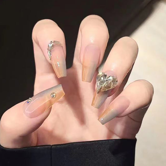 Gleaming Gala Extra-Long Coffin Beige Press-On Nails with Crystalline Accents