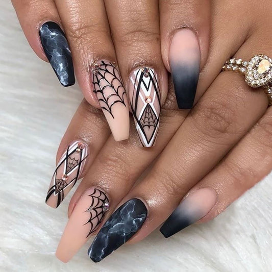 Spooky Chic Long Coffin Shape Black and Beige Gradient Press On Nail Set with Intricate Spiderweb Design and Rhinestone Accents