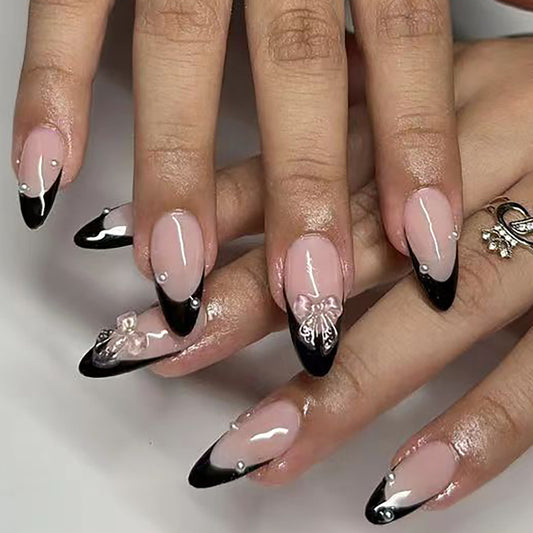 Enchanted Elegance Long Almond Pink and Black Press On Nails with Rhinestone Accents