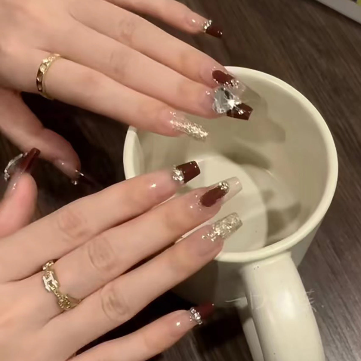 Elegant Evening Wear Long Coffin Burgundy and Glitter Accented Press on Nail Set