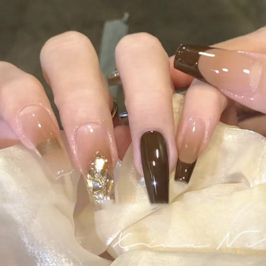 Autumn Elegance Long Coffin Brown Press On Nail Set with Gold Leaf Accent