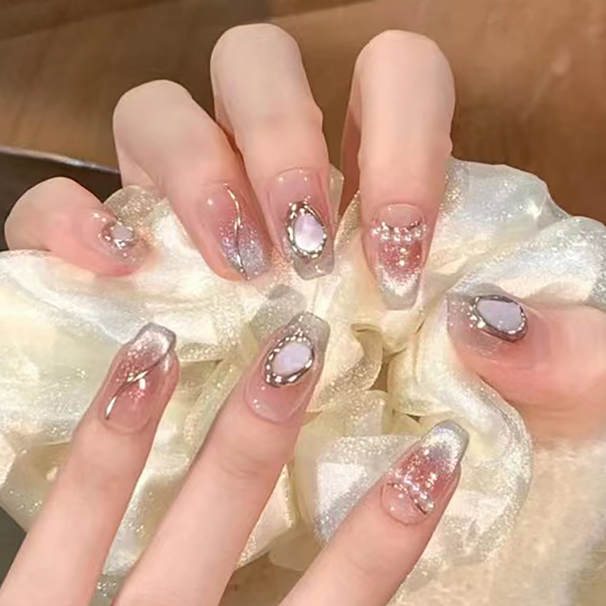 Ethereal Sparkle Medium Coffin Beige with Glitter Gradient and Jewel Accents Press On Nail Set