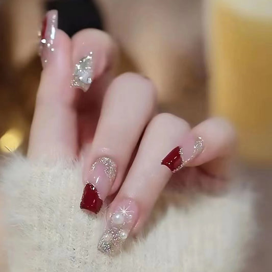 Glittering Gala Long Coffin Burgundy and Transparent Press On Nail Set with Rhinestone Accents