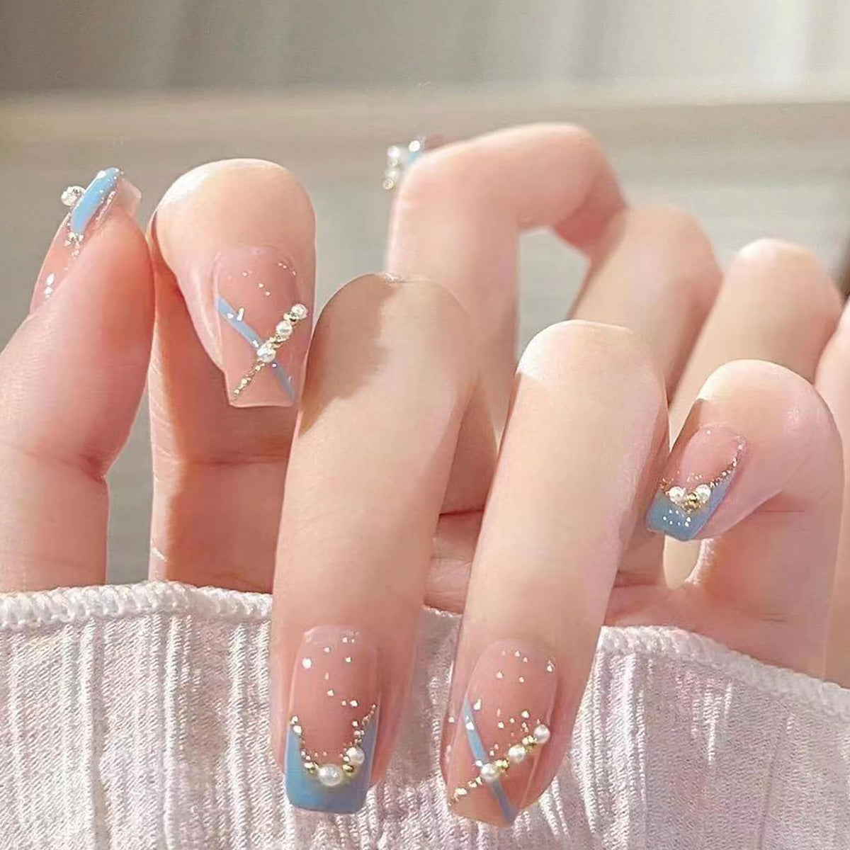 Enchanted Garden Medium Square Baby Blue Ombre Press On Nails with Pearlescent Embellishments and Rhinestone Accents