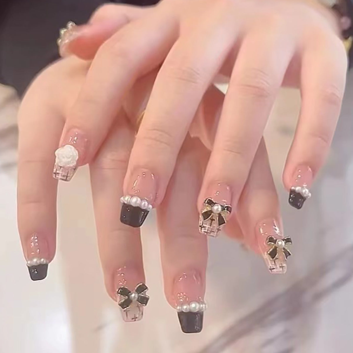 Elegant Parisian Long Coffin Black and Clear Press On Nails with Chic Pearl Accents
