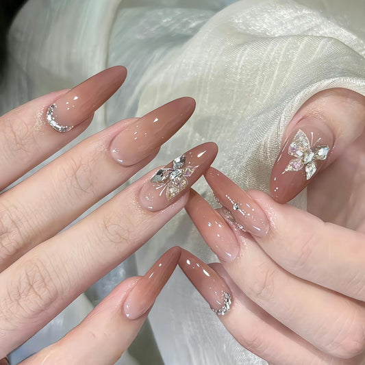 Elegant Affair Long Almond Beige Press On Nails with Rhinestone Accents