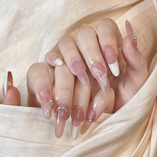 Elegant Bridal Collection Long Round Beige and White Ombre Press On Nail Set with Rhinestone Accents