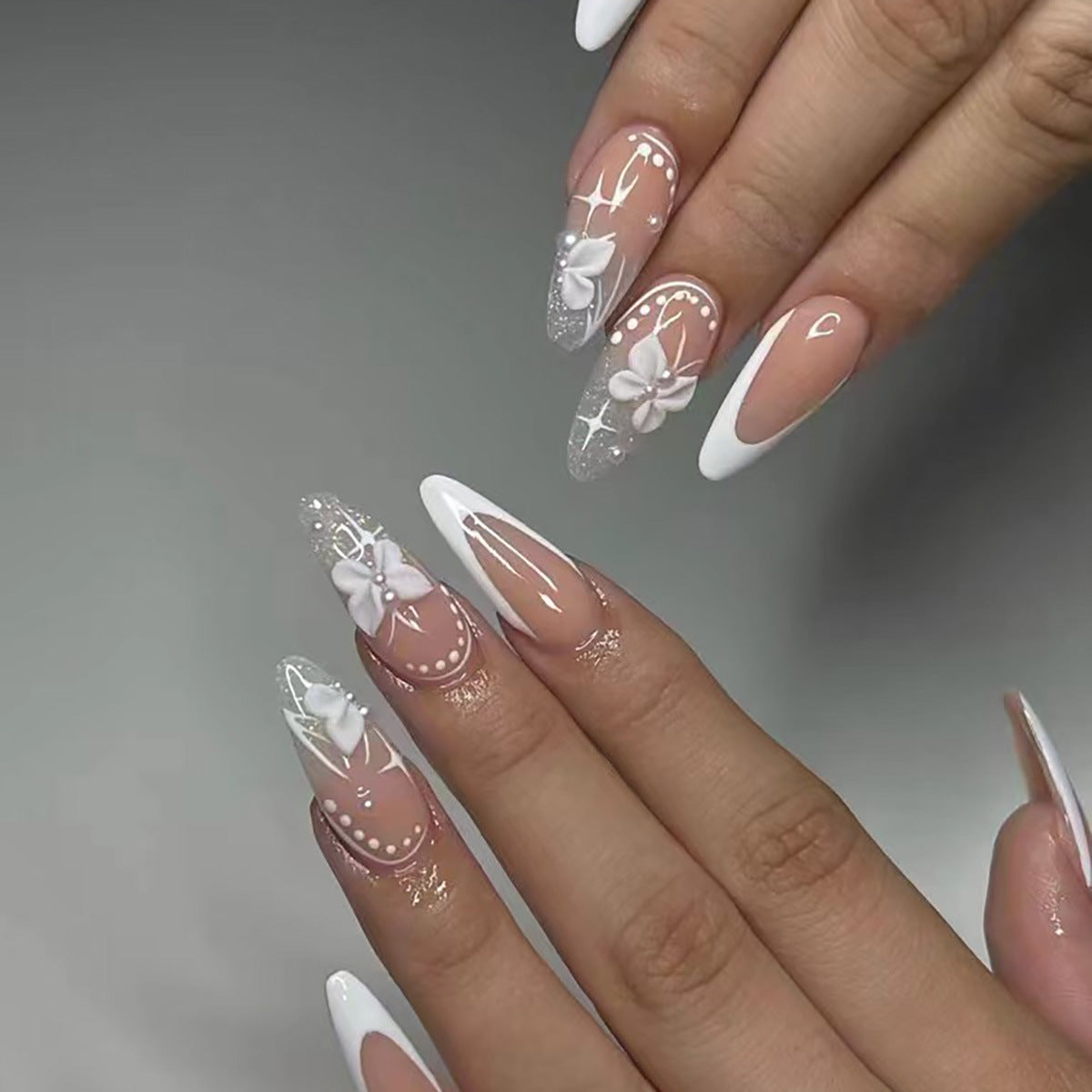 Elegant Floral Fantasy Long Stiletto White and Clear Press On Nail Set with 3D Flowers and Glitter Accents