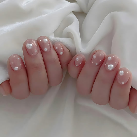 Elegant Pearl Dream Short Oval Beige Press On Nail Set with Glossy Finish and Decorative Pearl Accents