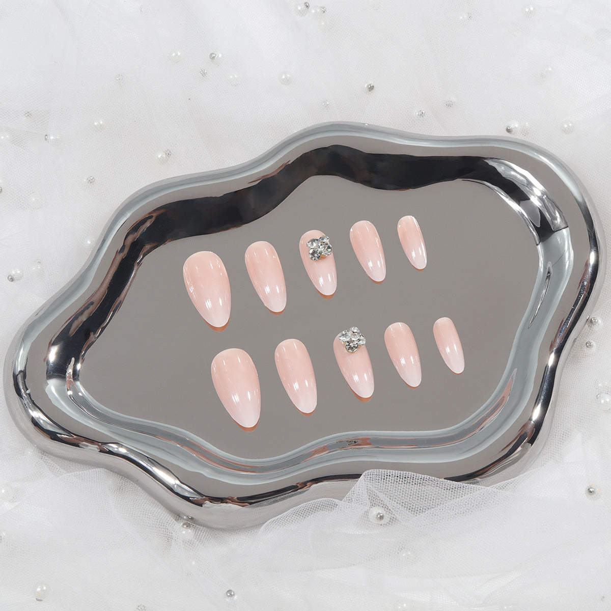 Elegant Blush Almond Press On Nail Set Long Glossy Pink with Rhinestone Accents