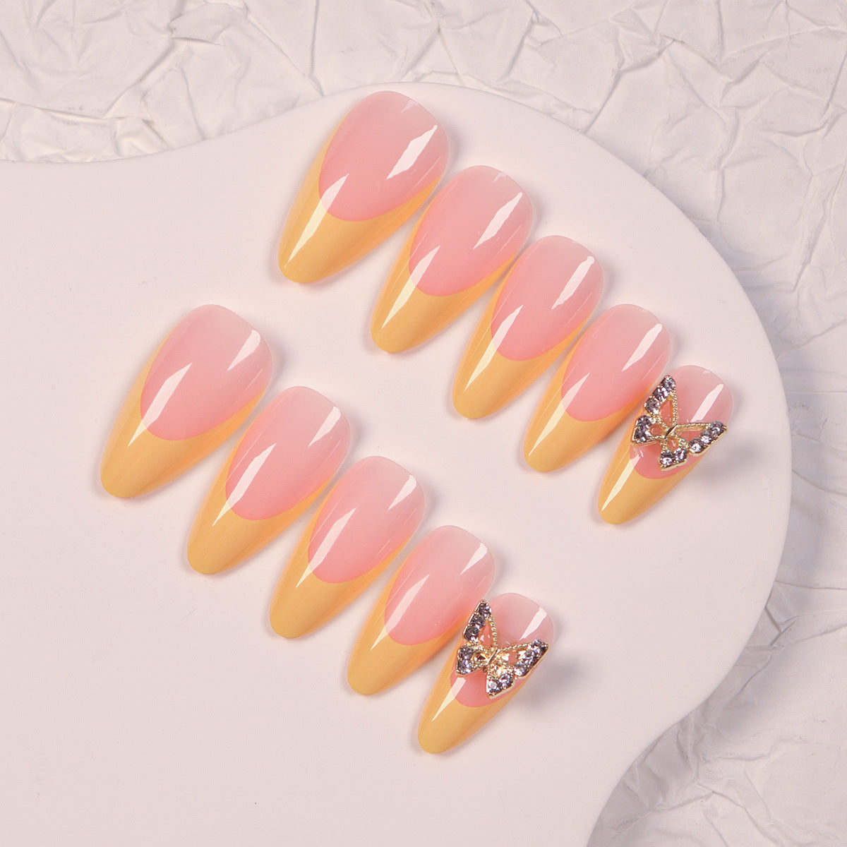 Butterfly Dreams Long Stiletto Pink and Yellow Press On Nail Set with Rhinestone Accent