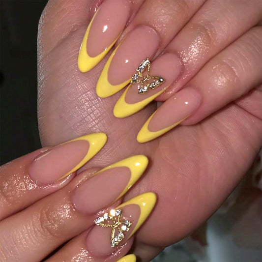 Butterfly Bliss Long Stiletto Yellow Color Press On Nail Set with Rhinestone Accent