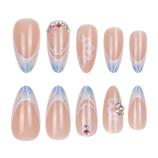Dreamy Serenity Natural Medium Almond Shape Blush Pink with Icy Blue Accents and Sparkling Rhinestones Press On Nail Set
