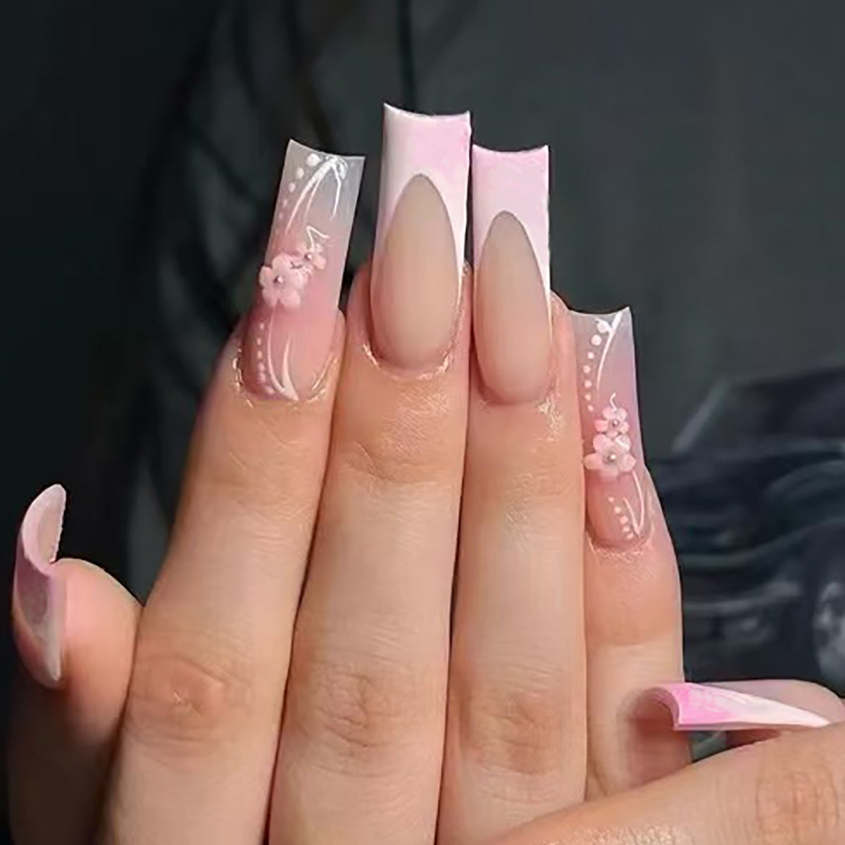 Whimsical Blossom Inspired Long Square Pink Gradient Press on Nail Set with Floral Accent Design