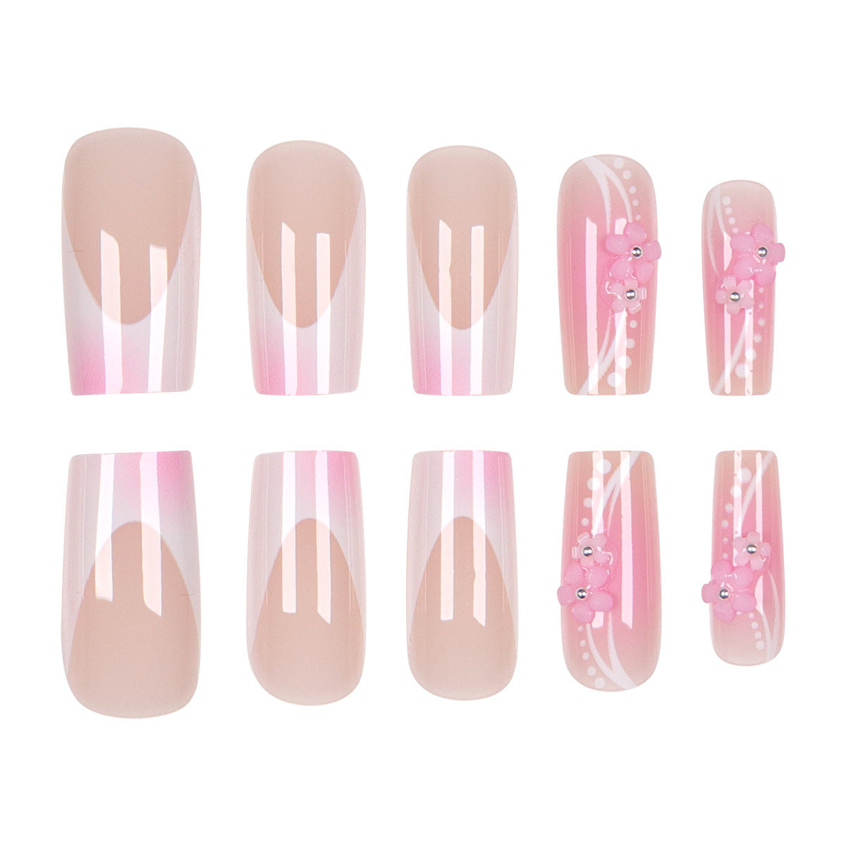 Blossoming Elegance Long Square Pink Ombre Design with Floral Accents Press-On Nail Set