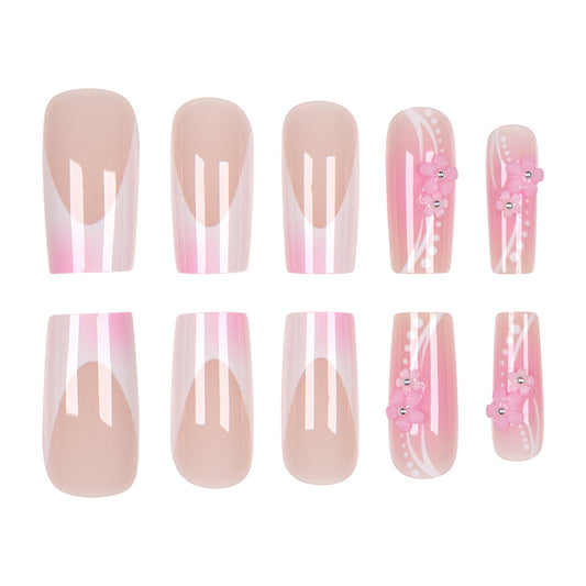 Blossoming Elegance Long Square Pink Ombre Design with Floral Accents Press-On Nail Set