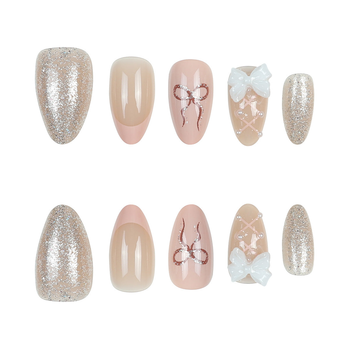 Chic Elegance Extra Medium Almond Pink and Silver Glitter Press On Nail Set with Charming Bow and Pearl Accents