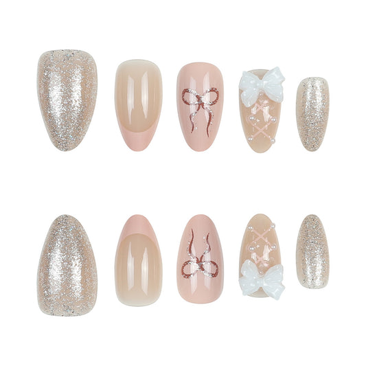 Chic Elegance Extra Medium Almond Pink and Silver Glitter Press On Nail Set with Charming Bow and Pearl Accents