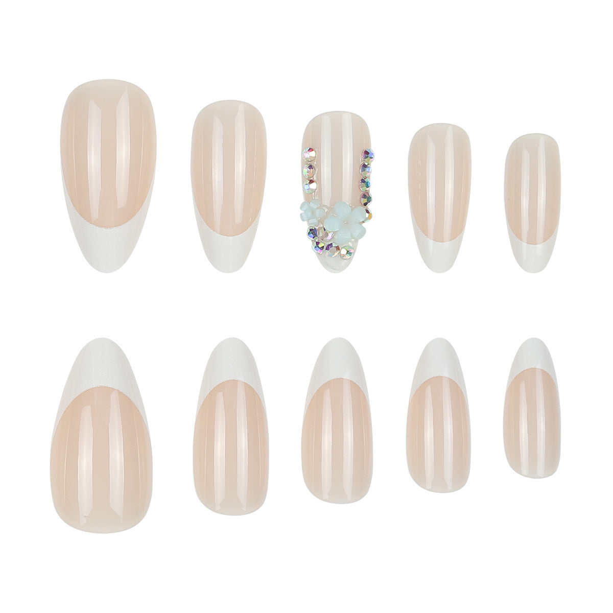 Chic Elegance Soft Medium Almond Beige Press On Nail Set with Glossy White French Tips and Decorative Gem Accent