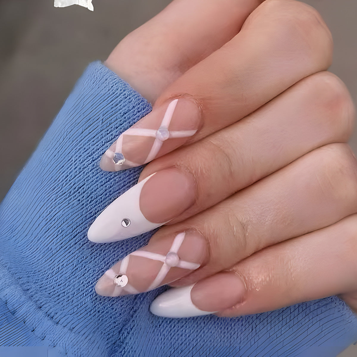 Glamorous Chic Medium Almond White and Clear Ombre Press On Nail Set with Elegant Gem Accents