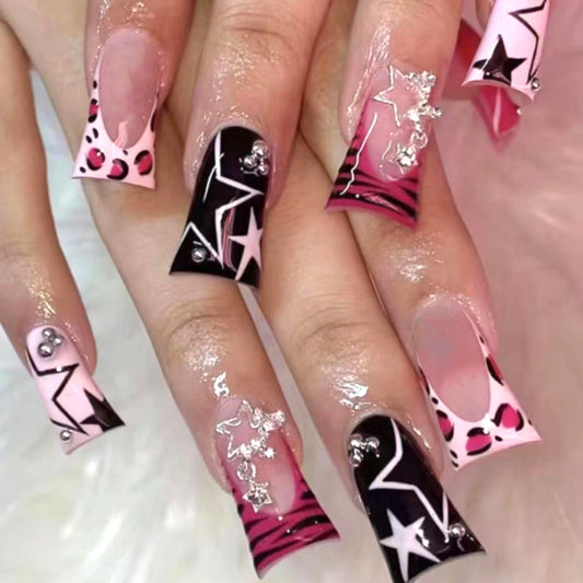 Cosmic Glamour Long Duck Press On Nail Set in Bold Pink Black with Star and Gem Accents