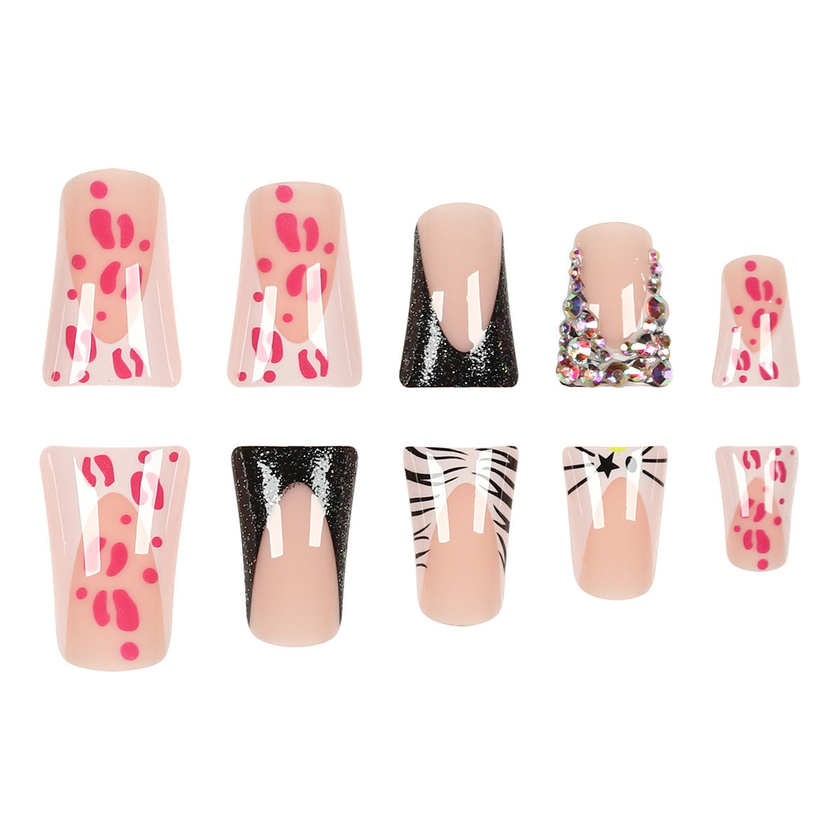 Wild Animal Inspired Press On Nail Set in Long Duck Shape Pink and Black with Glitter and Fun Patterns