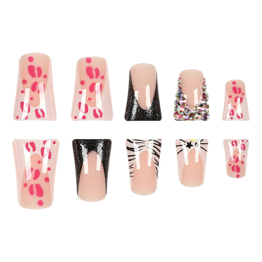 Wild Animal Inspired Press On Nail Set in Long Duck Shape Pink and Black with Glitter and Fun Patterns