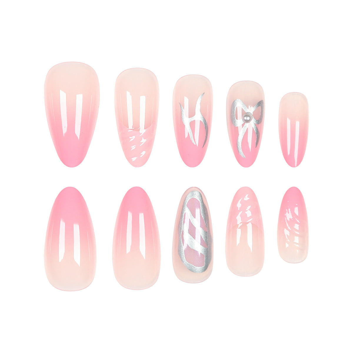 Chic Blossom Press on Nail Set Medium Almond Pink with Unique Metallic Accents