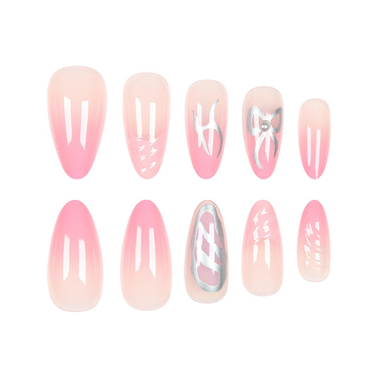 Chic Blossom Press on Nail Set Medium Almond Pink with Unique Metallic Accents