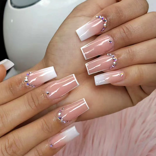 Glamorous Elegance Long Coffin Gradient Pink and White Press On Nail Set with Sparkling Rhinestones