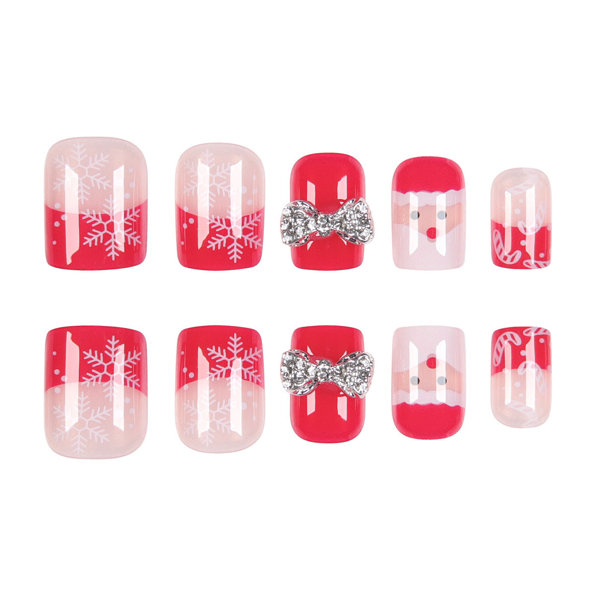 Festive Wonderland Red Short Square Press on Nail Set with Snowflake Design and Sparkling Bow Accent