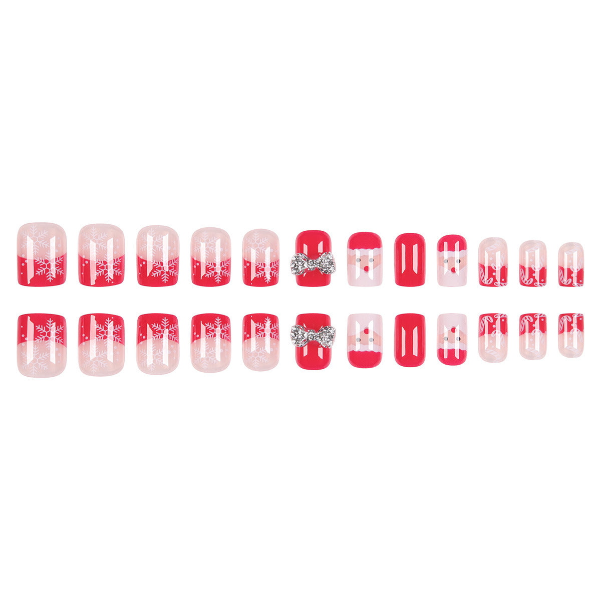 Festive Cheer Short Square Red and Clear Press On Nail Set with Snowflake and Bow Design