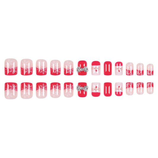 Festive Cheer Short Square Red and Clear Press On Nail Set with Snowflake and Bow Design
