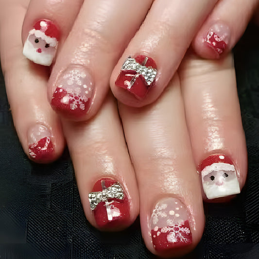Festive Winter Wonderland Short Square Red Glitter Nail Set with Santa and Gift Designs