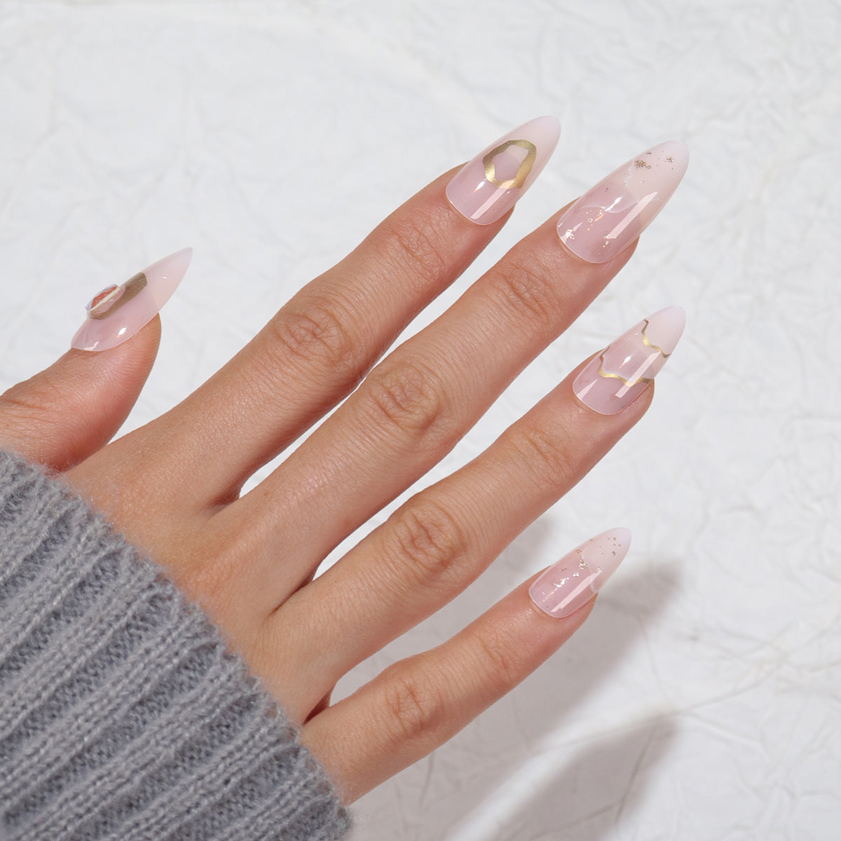 Dreamy Elegance Medium Almond Pink Press-On Nail Set with Beautiful Gold Accents