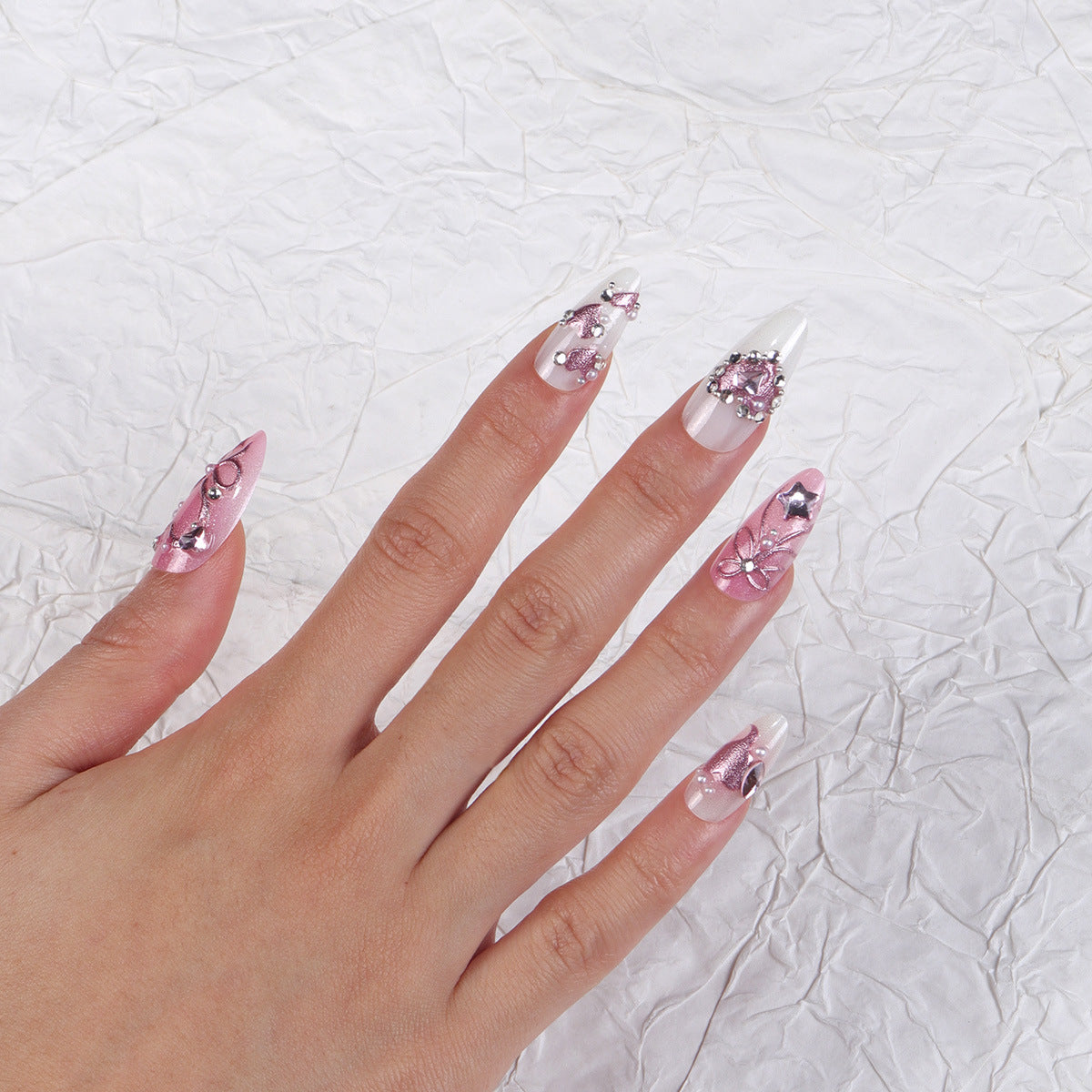 Whimsical Elegance Long Almond Pink Press-On Nail Set with Stunning Floral and Gemstone Accents
