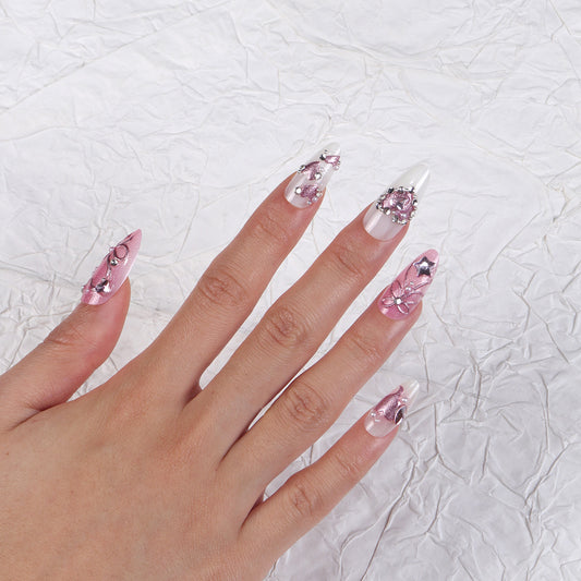 Whimsical Elegance Long Almond Pink Press-On Nail Set with Stunning Floral and Gemstone Accents