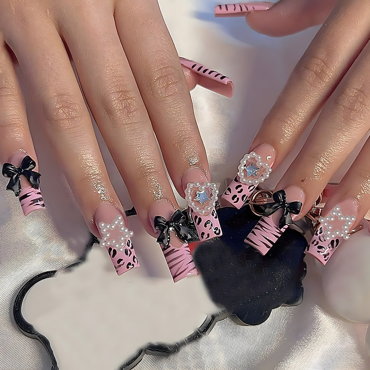 Fabulous Safari Glam Long Square Pink Leopard Print Press On Nail Set with Eye-Catching Gem and Bow Accents
