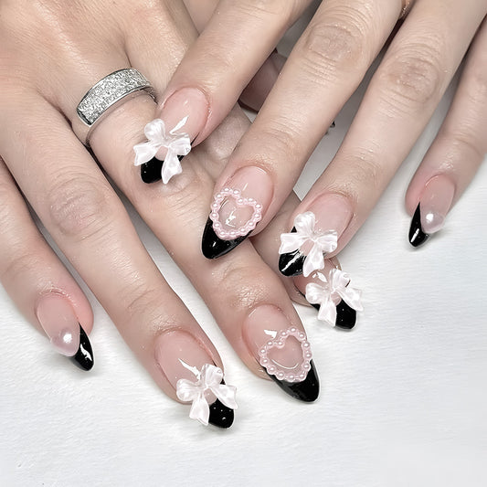 Charming Elegance Short Almond Black and Beige Press On Nail Set with Beautiful Bow Accents