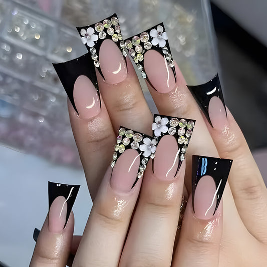 Glamorous Elegance Long Duck Black with Floral Rhinestone Design Press On Nail Set