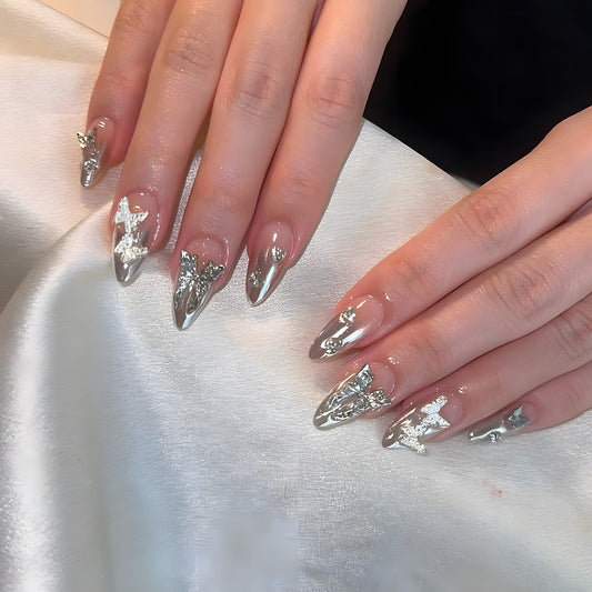 Celestial Elegance Medium Almond Silver Metallic Press On Nail Set with Intricate Butterfly Accents