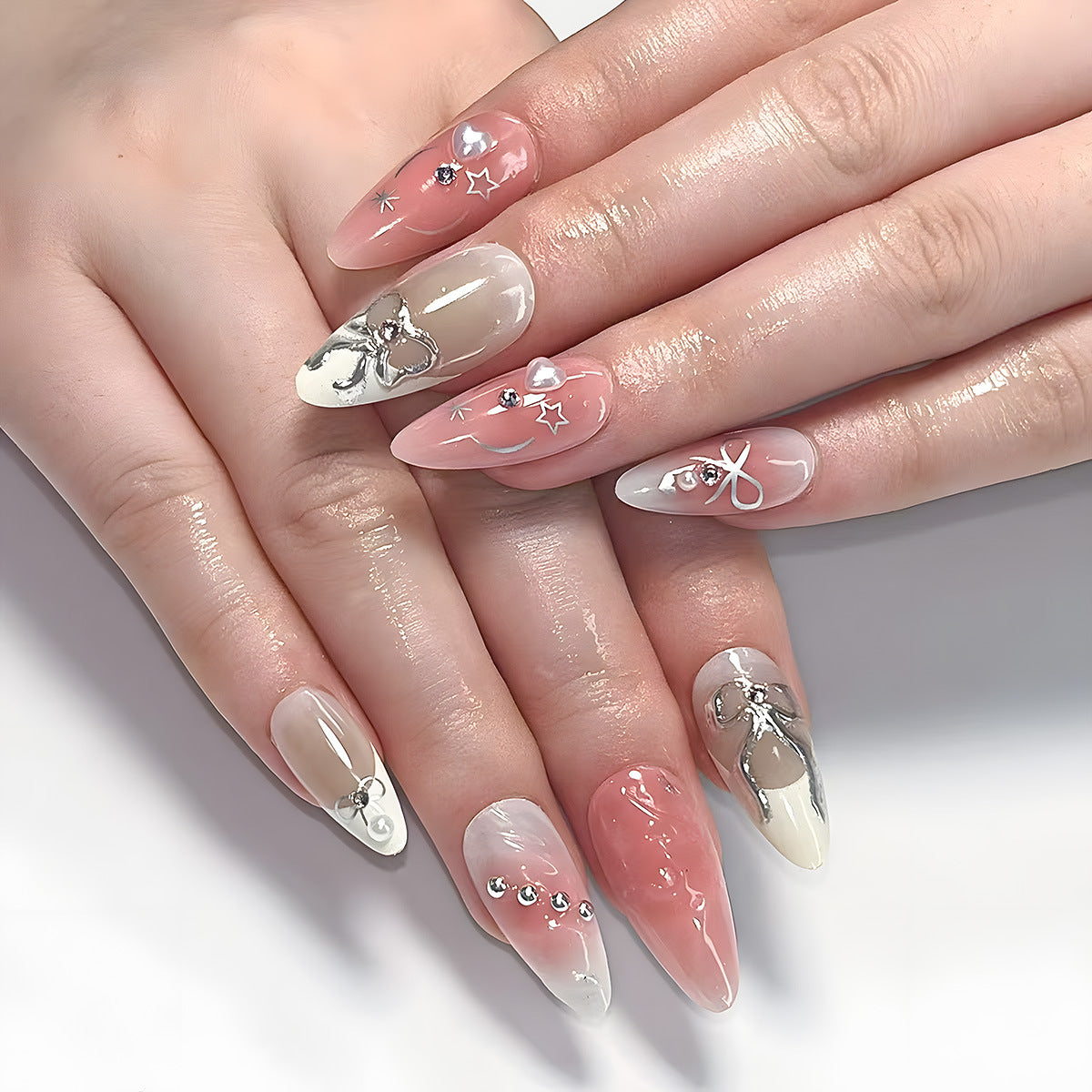 Glamorous Starry Nights Medium Almond Shaped Long Pink and White Press On Nail Set with Rhinestone Accents