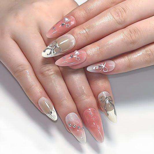 Glamorous Starry Nights Medium Almond Shaped Long Pink and White Press On Nail Set with Rhinestone Accents