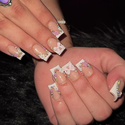 Whimsical Garden Medium Square Press On Nail Set in Sparkling White with Floral Accents and Glittering Rhinestones