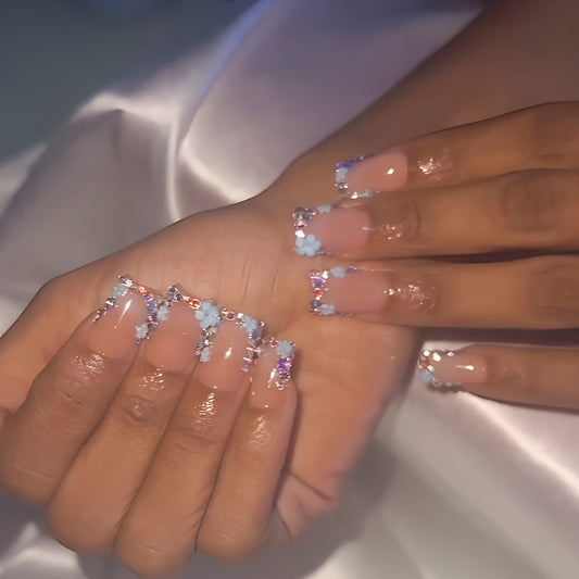 Whimsical Floral Glamour Medium Square Pastel Pink with Sparkling Rhinestones Press on Nail Set