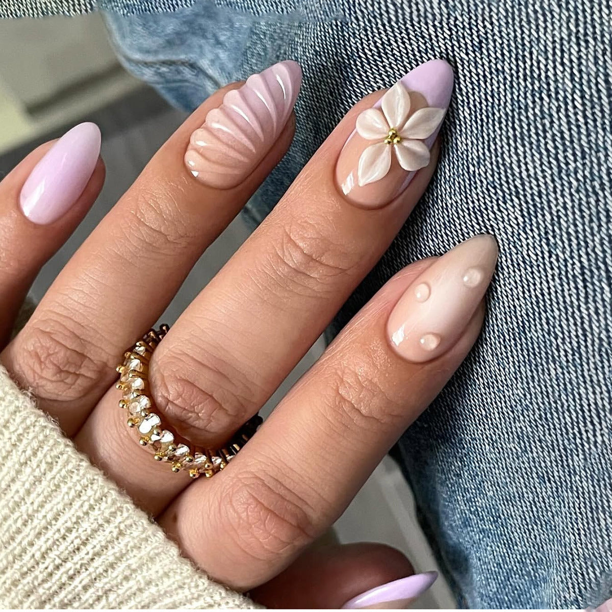 Dreamy Blossom Fantasy Elegant Medium Almond Shape Soft Pink and Clear Floral Design Press On Nail Set