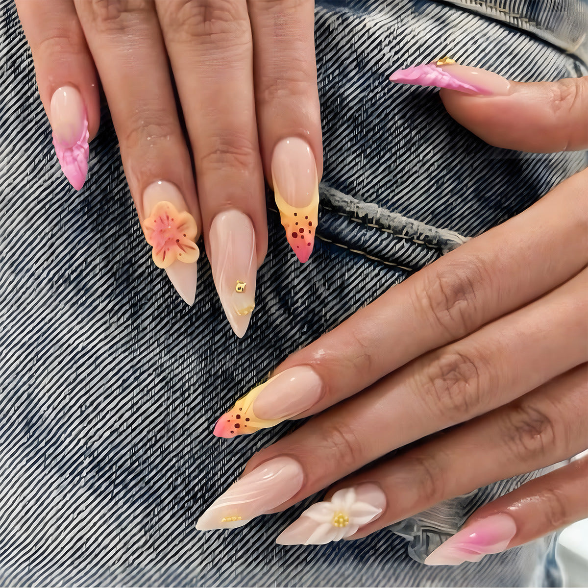 Tropical Paradise Long Stiletto Ombre Pink and Yellow Press on Nails with Floral Accents