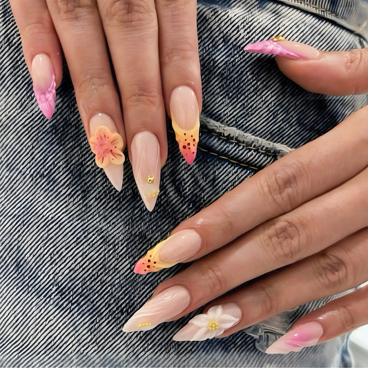 Tropical Paradise Long Stiletto Ombre Pink and Yellow Press on Nails with Floral Accents