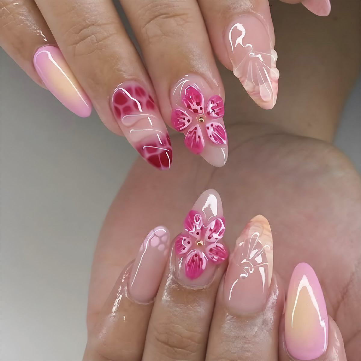 Whimsical Garden Medium Almond Pink Floral Design Press-On Nail Set